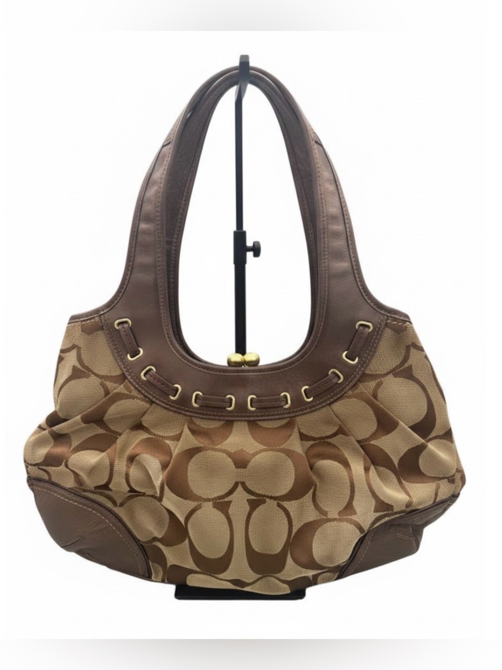 Coach Brown Ergo Pleated Satchel Signature Kisslock Canvas Shoulder Bag **FAIR** - Picture 2 of 16